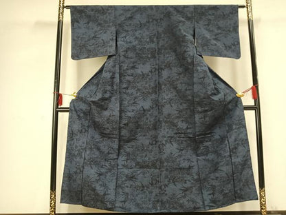 平和屋着物▽上質な紬　単衣　草花文　正絹　逸品　AABC0502fy