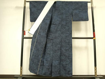 平和屋着物▽上質な紬　単衣　草花文　正絹　逸品　AABC0502fy