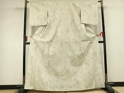 平和屋着物▽本塩沢 単衣 色紙重ね枝花文 正絹 逸品 AABC0508fy
