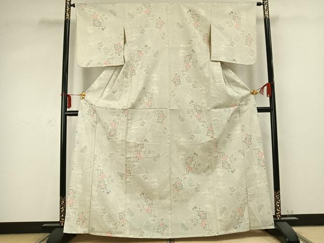 平和屋着物▽本塩沢 単衣 色紙重ね枝花文 正絹 逸品 AABC0508fy