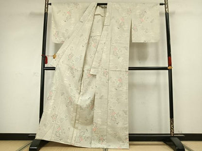 平和屋着物▽本塩沢 単衣 色紙重ね枝花文 正絹 逸品 AABC0508fy
