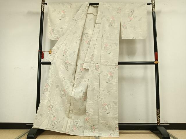 平和屋着物▽本塩沢 単衣 色紙重ね枝花文 正絹 逸品 AABC0508fy