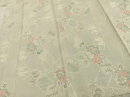平和屋着物▽本塩沢 単衣 色紙重ね枝花文 正絹 逸品 AABC0508fy