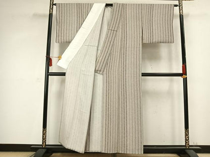 平和屋着物▽上質な小紋　単衣　縞　正絹　逸品　AABC0509fy