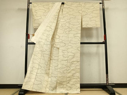 平和屋着物▽上質な紬　単衣　雲取り文　正絹　逸品　AABC0516fy