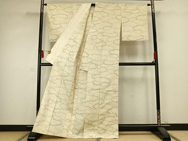 平和屋着物▽上質な紬　単衣　雲取り文　正絹　逸品　AABC0516fy