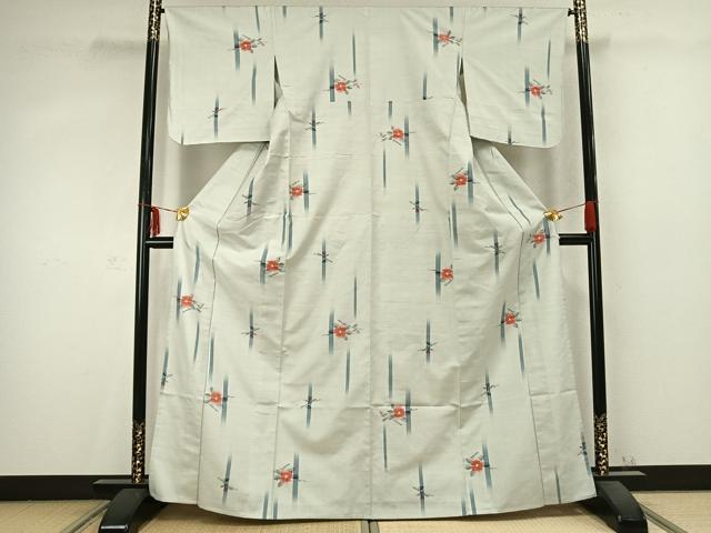 平和屋着物▽上質な紬 単衣 草花文 正絹 逸品 未使用 AABC0526fy