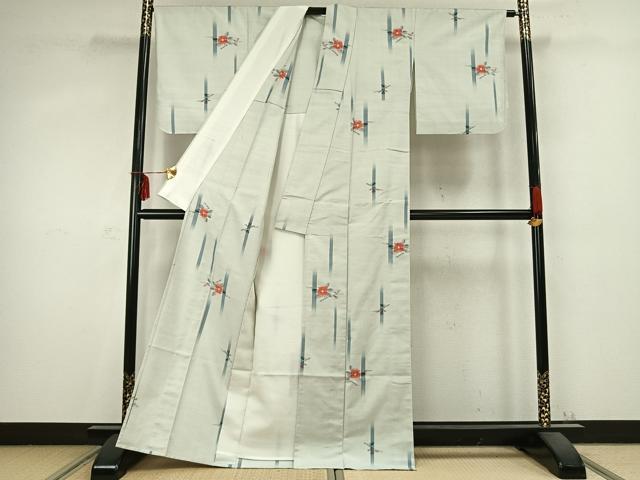 平和屋着物▽上質な紬 単衣 草花文 正絹 逸品 未使用 AABC0526fy