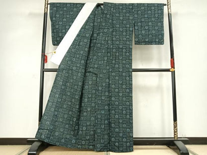 平和屋着物▽お召 単衣 幾何学文様 正絹 逸品 未使用 AABC0527fy