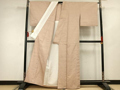 平和屋着物▽紅花紬 米沢 単衣 横縞 三越扱い 正絹 逸品 AABC0528fy