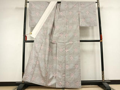 平和屋着物▽上質な紬 単衣 幾何学文様 正絹 逸品 AABC0536fy