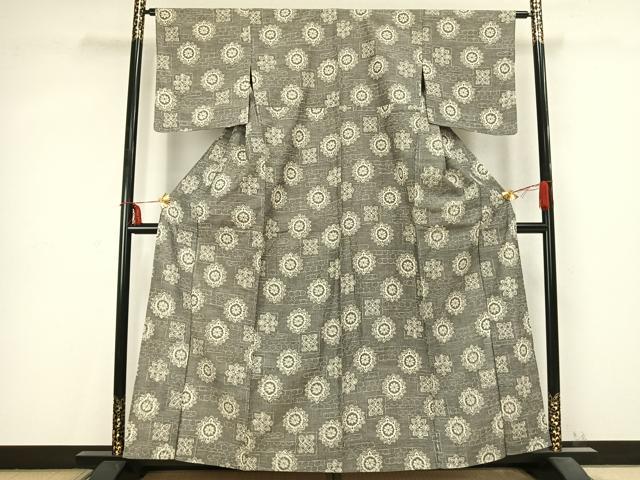 平和屋着物▽上質な紬 単衣 吉祥花文 正絹 逸品 AABC0538fy