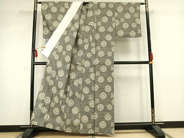 平和屋着物▽上質な紬 単衣 吉祥花文 正絹 逸品 AABC0538fy