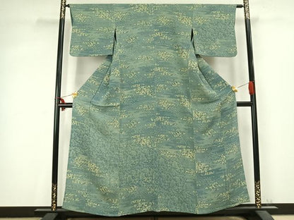平和屋着物▽訪問着 単衣 藍 型染め 霞取り花文 鬼しぼ縮緬 正絹 逸品 AABC0542fy