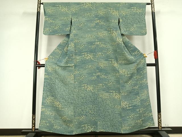 平和屋着物▽訪問着 単衣 藍 型染め 霞取り花文 鬼しぼ縮緬 正絹 逸品 AABC0542fy