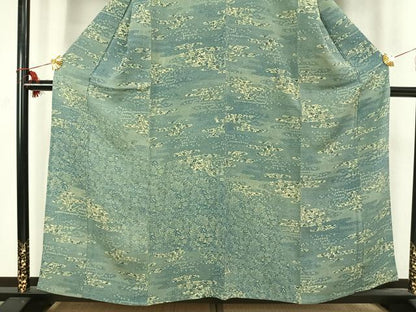平和屋着物▽訪問着 単衣 藍 型染め 霞取り花文 鬼しぼ縮緬 正絹 逸品 AABC0542fy
