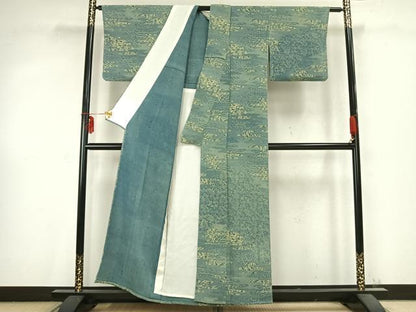 平和屋着物▽訪問着 単衣 藍 型染め 霞取り花文 鬼しぼ縮緬 正絹 逸品 AABC0542fy