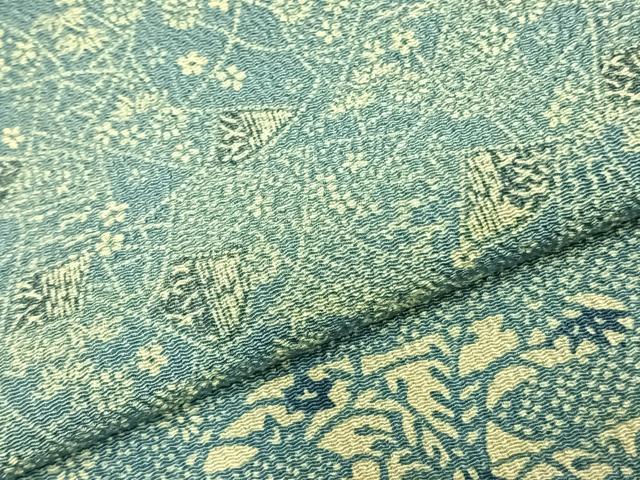 平和屋着物▽訪問着 単衣 藍 型染め 霞取り花文 鬼しぼ縮緬 正絹 逸品 AABC0542fy