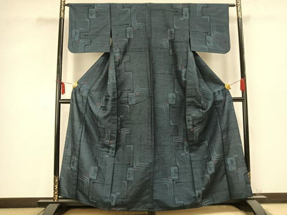 平和屋着物▽上質な紬 単衣 幾何学文様 正絹 逸品 AABC0543fy