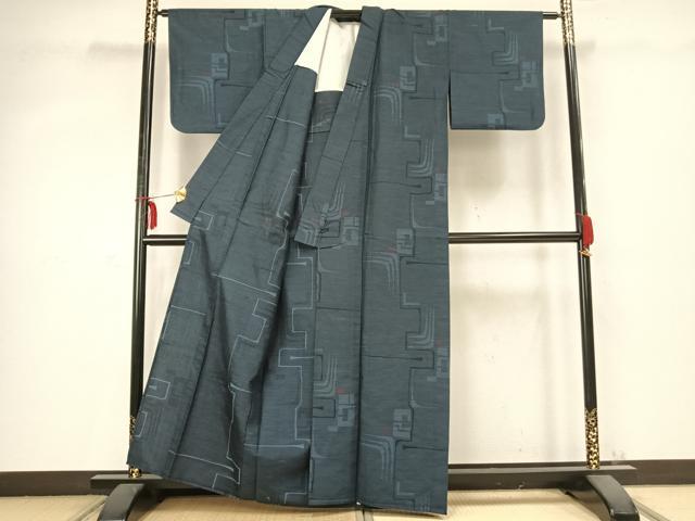 平和屋着物▽上質な紬 単衣 幾何学文様 正絹 逸品 AABC0543fy