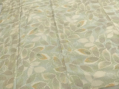 平和屋着物▽上質な紬　単衣　葉尽くし　正絹　逸品　AABC0546fy