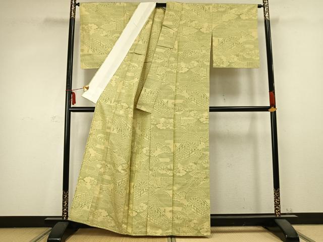 平和屋着物▽上質な紬　単衣　風景花文　正絹　逸品　未使用　AABC0549fy
