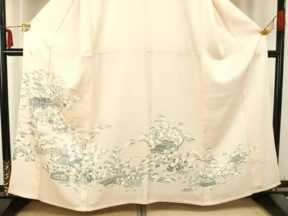平和屋着物▽訪問着　単衣　刺繍　風景草花文　銀糸　正絹　逸品　AABC0556fy