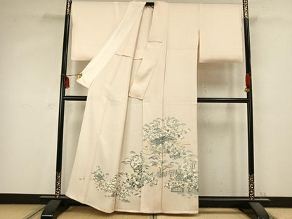 平和屋着物▽訪問着　単衣　刺繍　風景草花文　銀糸　正絹　逸品　AABC0556fy