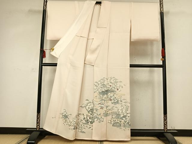 平和屋着物▽訪問着　単衣　刺繍　風景草花文　銀糸　正絹　逸品　AABC0556fy