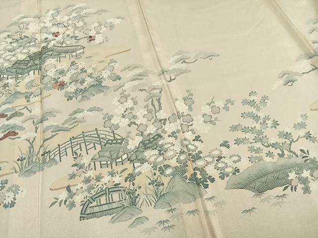 平和屋着物▽訪問着　単衣　刺繍　風景草花文　銀糸　正絹　逸品　AABC0556fy