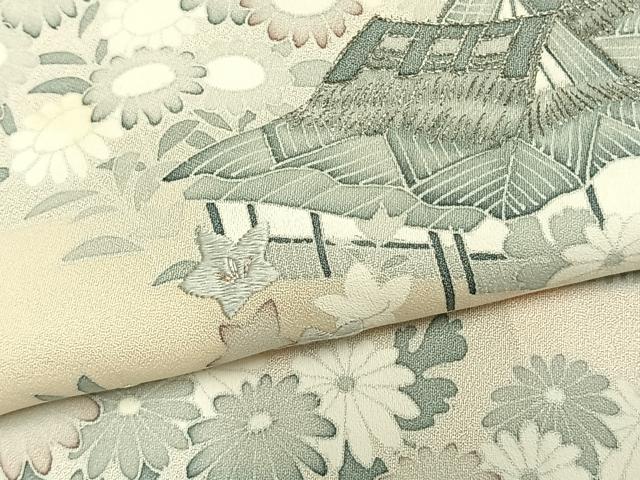 平和屋着物▽訪問着　単衣　刺繍　風景草花文　銀糸　正絹　逸品　AABC0556fy