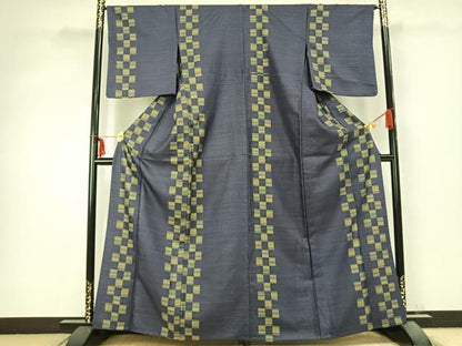 平和屋着物▽小紋　単衣　市松文様　洗える着物　AABC0560fy