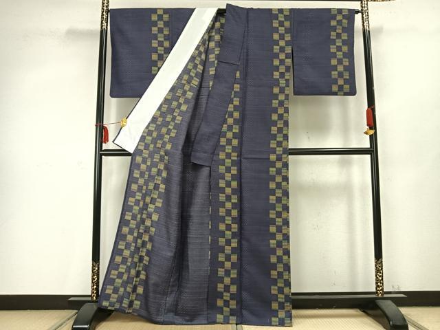平和屋着物▽小紋　単衣　市松文様　洗える着物　AABC0560fy