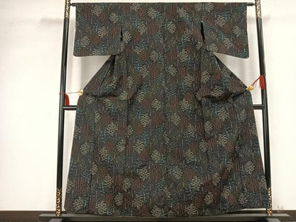 平和屋着物■上質な紬　胴抜き仕立て　樹林文　黒地　正絹　逸品　AABC0561fy
