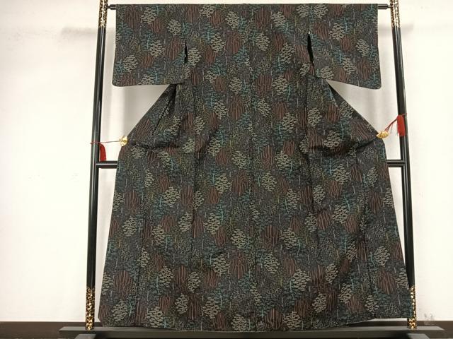 平和屋着物■上質な紬　胴抜き仕立て　樹林文　黒地　正絹　逸品　AABC0561fy