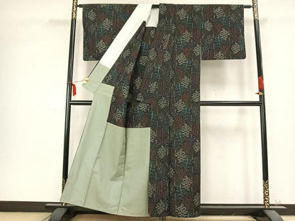 平和屋着物■上質な紬　胴抜き仕立て　樹林文　黒地　正絹　逸品　AABC0561fy