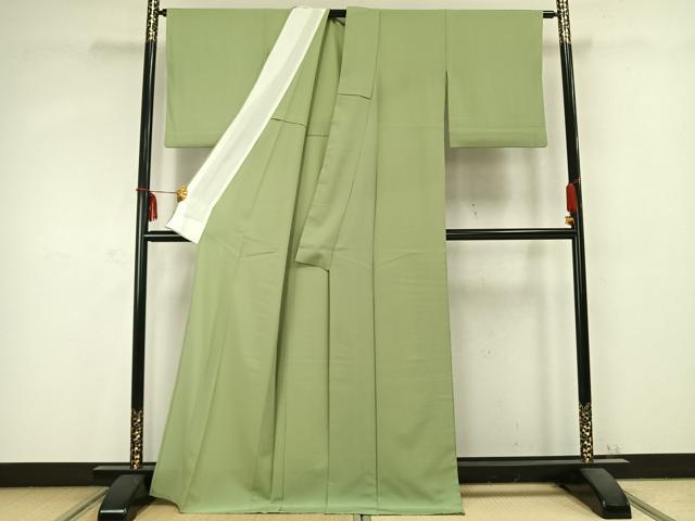平和屋着物▽上質な色無地 単衣 若葉色 正絹 逸品 AABC0565fy