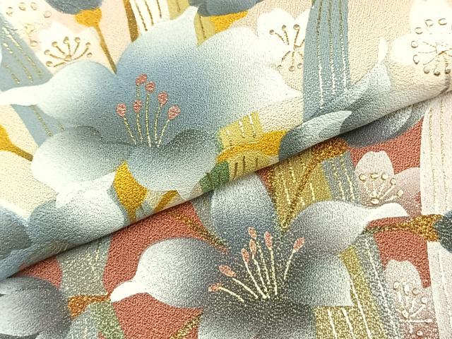 平和屋着物▽訪問着　単衣　草花文　暈し染め　金彩　正絹　逸品　AABC0567fy