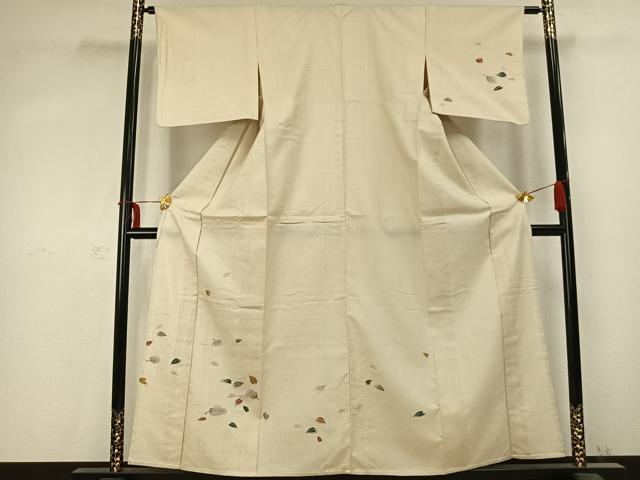 平和屋着物▽訪問着 単衣 紬地 舞葉文 銀彩 正絹 逸品 AABC0569fy