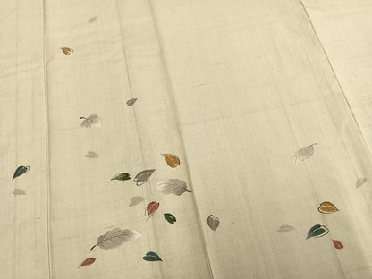 平和屋着物▽訪問着 単衣 紬地 舞葉文 銀彩 正絹 逸品 AABC0569fy