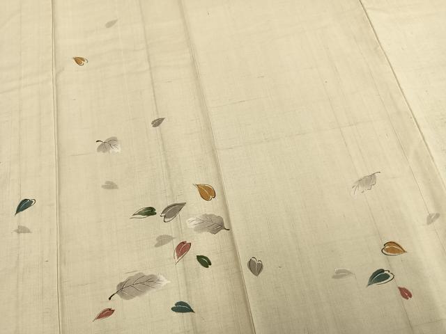 平和屋着物▽訪問着 単衣 紬地 舞葉文 銀彩 正絹 逸品 AABC0569fy