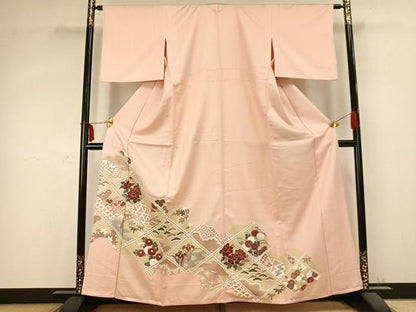 平和屋着物▽訪問着 単衣 草花文 金彩 正絹 逸品 AABC0572fy