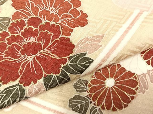 平和屋着物▽訪問着 単衣 草花文 金彩 正絹 逸品 AABC0572fy
