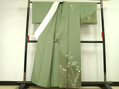 平和屋着物▽訪問着　単衣　枝花文　暈し染め　金彩　正絹　逸品　AABC0573fy