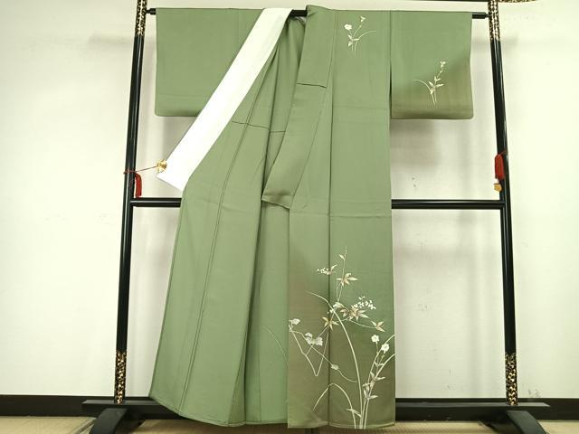 平和屋着物▽訪問着　単衣　枝花文　暈し染め　金彩　正絹　逸品　AABC0573fy