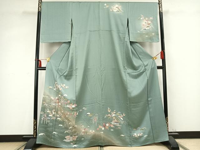 平和屋着物▽訪問着 単衣 風景草花文 暈し染め 金彩 正絹 逸品 AABC0574fy