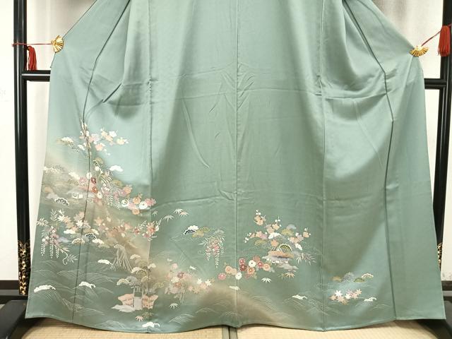 平和屋着物▽訪問着 単衣 風景草花文 暈し染め 金彩 正絹 逸品 AABC0574fy
