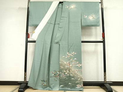 平和屋着物▽訪問着 単衣 風景草花文 暈し染め 金彩 正絹 逸品 AABC0574fy