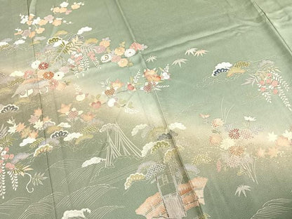 平和屋着物▽訪問着 単衣 風景草花文 暈し染め 金彩 正絹 逸品 AABC0574fy