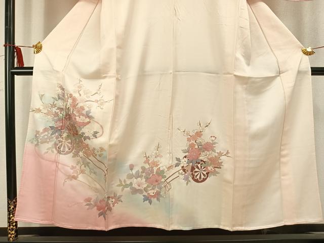 平和屋着物▽訪問着　単衣　片輪車花文　暈し染め　銀彩　正絹　逸品　AABC0577fy